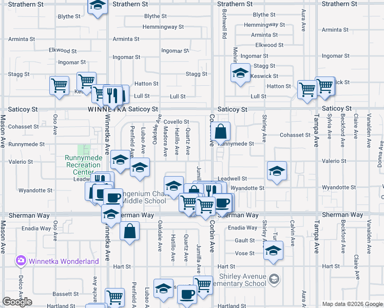 map of restaurants, bars, coffee shops, grocery stores, and more near 7414 Quartz Avenue in Los Angeles