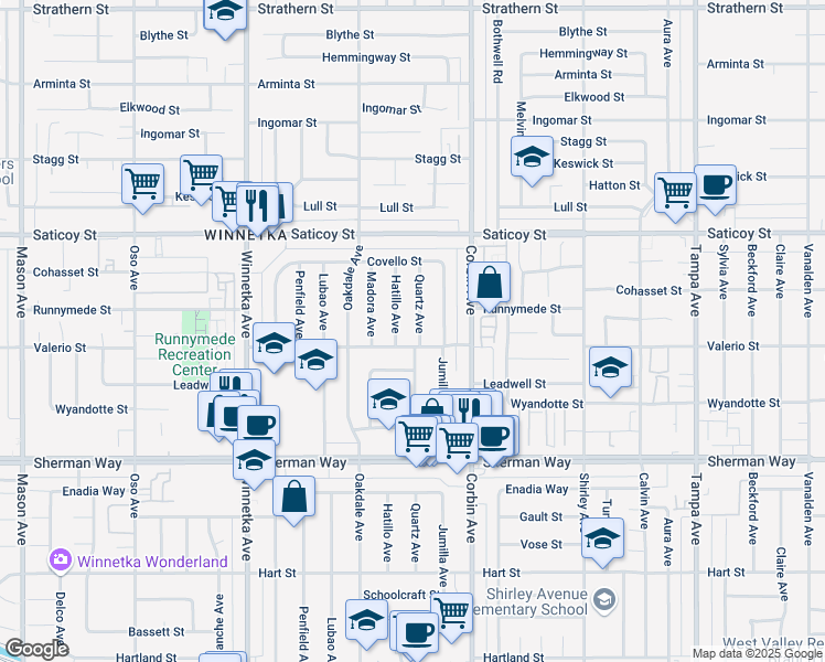 map of restaurants, bars, coffee shops, grocery stores, and more near 7415 Quartz Avenue in Los Angeles