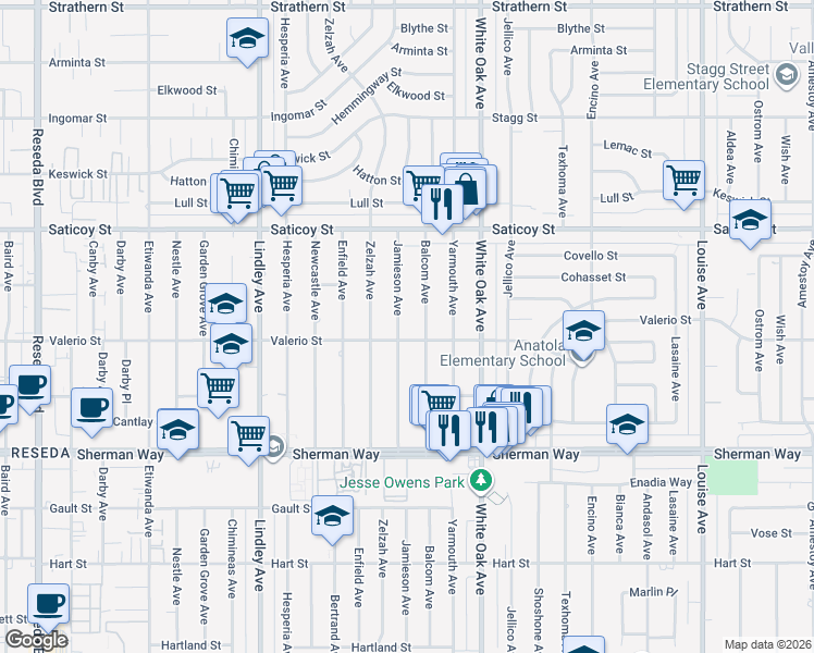 map of restaurants, bars, coffee shops, grocery stores, and more near 7412 Jamieson Avenue in Los Angeles