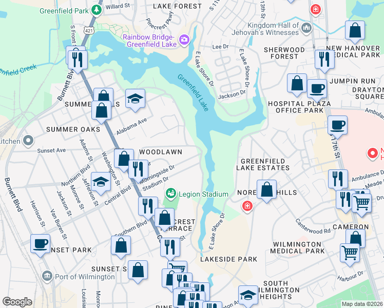 map of restaurants, bars, coffee shops, grocery stores, and more near 913 Morningside Drive in Wilmington