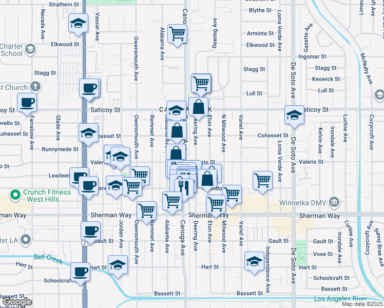 map of restaurants, bars, coffee shops, grocery stores, and more near 7443 Canoga Avenue in Los Angeles