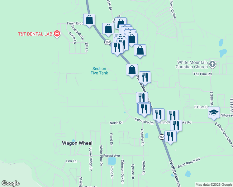 map of restaurants, bars, coffee shops, grocery stores, and more near 4780 Siesta Lane in Show Low