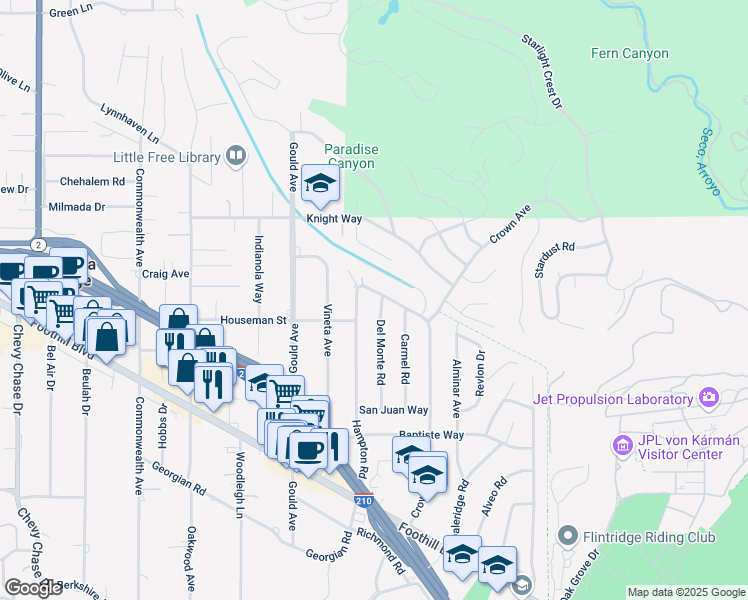 map of restaurants, bars, coffee shops, grocery stores, and more near 385 Santa Inez Way in La Cañada Flintridge
