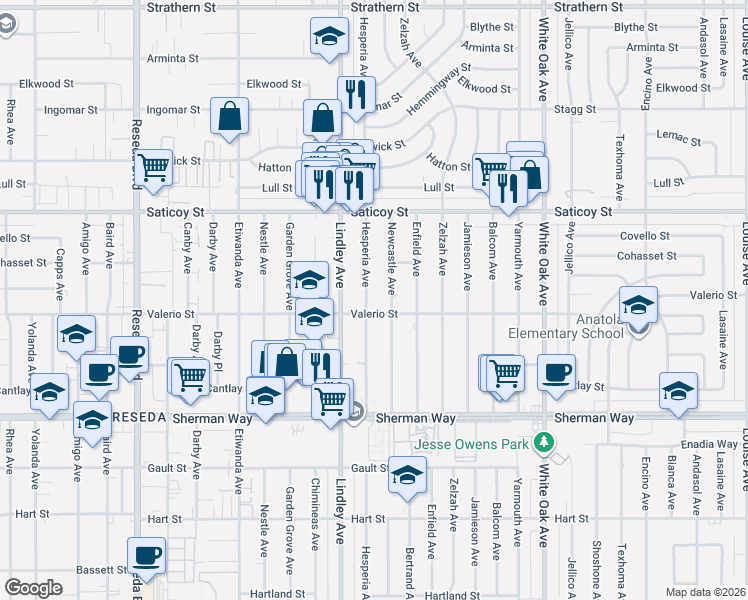 map of restaurants, bars, coffee shops, grocery stores, and more near 7441 Newcastle Avenue in Los Angeles
