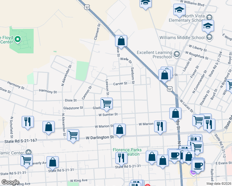 map of restaurants, bars, coffee shops, grocery stores, and more near 610 Carver St in Florence