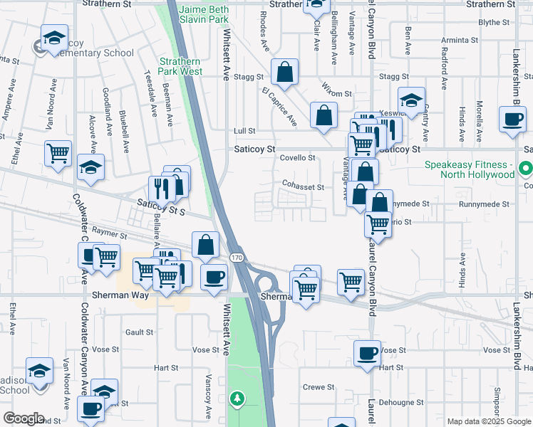 map of restaurants, bars, coffee shops, grocery stores, and more near 12352 Runnymede Street in Los Angeles