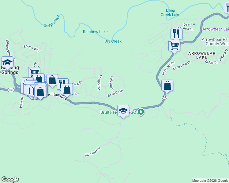 map of restaurants, bars, coffee shops, grocery stores, and more near 32490 Scandia Drive in Running Springs