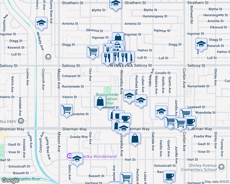 map of restaurants, bars, coffee shops, grocery stores, and more near 20130 Runnymede Street in Los Angeles