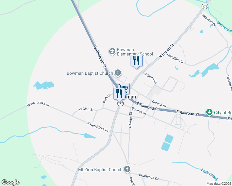 map of restaurants, bars, coffee shops, grocery stores, and more near 21 Prince Avenue in Bowman