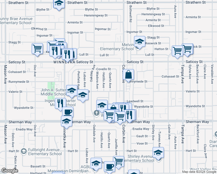 map of restaurants, bars, coffee shops, grocery stores, and more near 7415 Quartz Avenue in Los Angeles