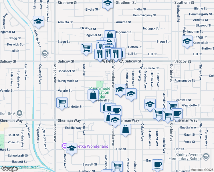 map of restaurants, bars, coffee shops, grocery stores, and more near 20130 Runnymede Street in Los Angeles