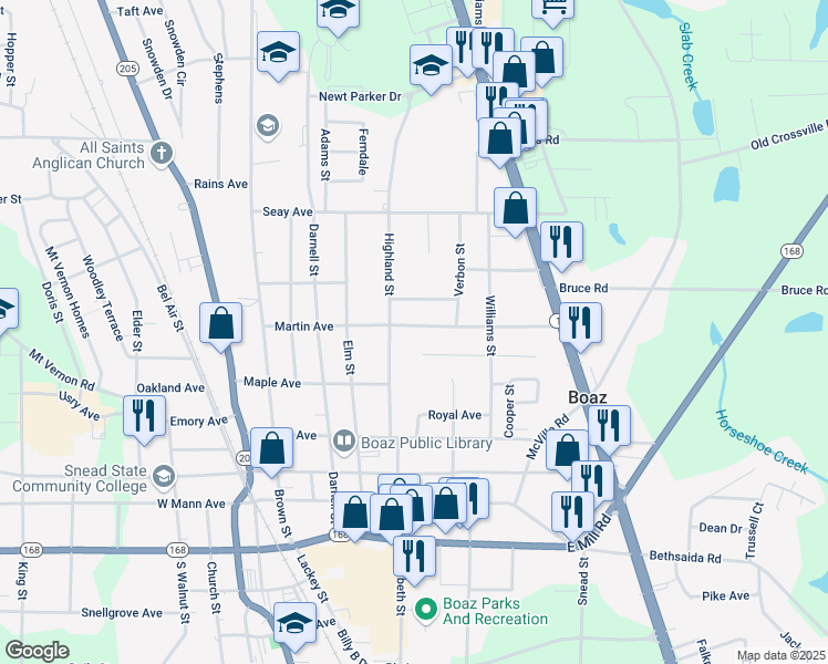 map of restaurants, bars, coffee shops, grocery stores, and more near 607 Franklin Avenue in Boaz