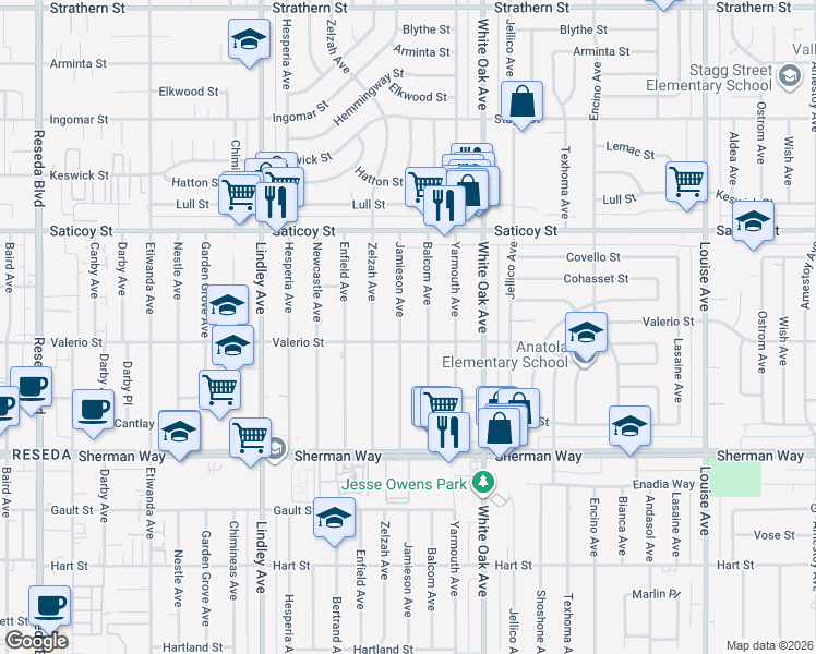 map of restaurants, bars, coffee shops, grocery stores, and more near 7412 Jamieson Avenue in Los Angeles