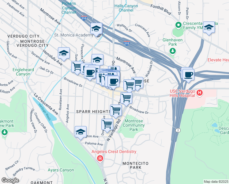 map of restaurants, bars, coffee shops, grocery stores, and more near 2284 Honolulu Avenue in Glendale