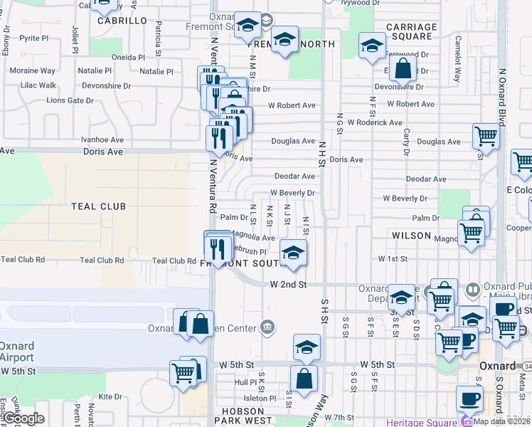 map of restaurants, bars, coffee shops, grocery stores, and more near 309 North K Street in Oxnard
