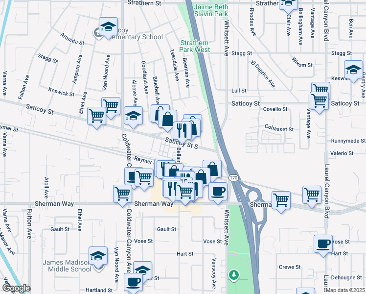 map of restaurants, bars, coffee shops, grocery stores, and more near 12641 Saticoy Street South in North Hollywood