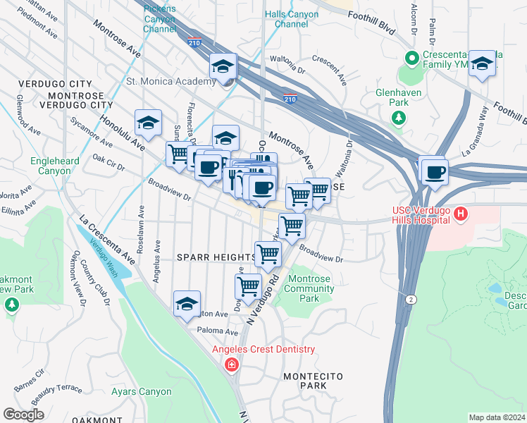 map of restaurants, bars, coffee shops, grocery stores, and more near 2284 Honolulu Avenue in Glendale