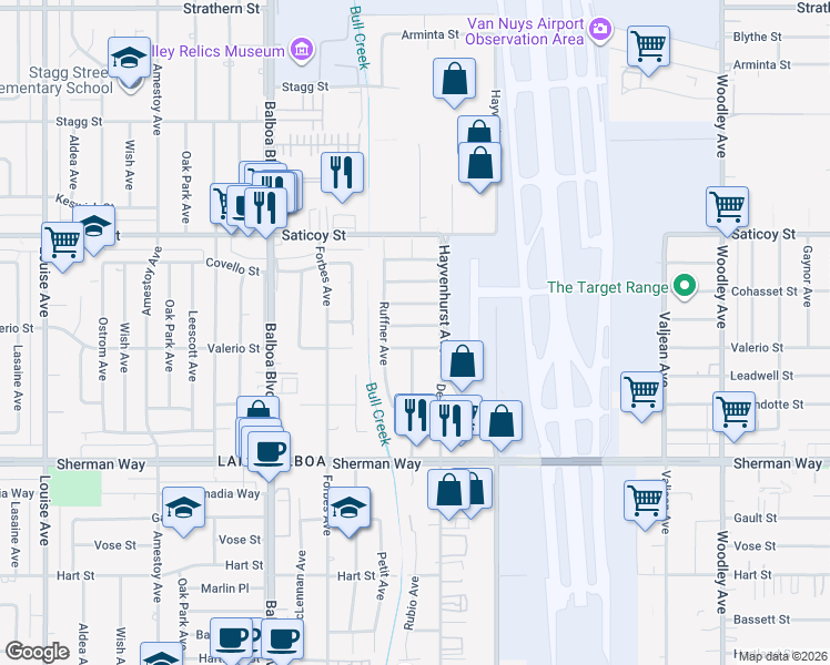 map of restaurants, bars, coffee shops, grocery stores, and more near 16624 Kelsloan Street in Los Angeles