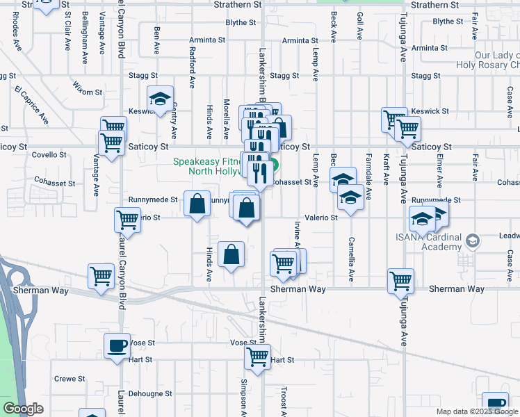 map of restaurants, bars, coffee shops, grocery stores, and more near 7444 Lankershim Boulevard in Los Angeles