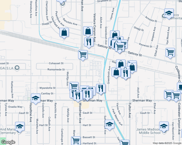 map of restaurants, bars, coffee shops, grocery stores, and more near 7560 Woodman Place in Los Angeles
