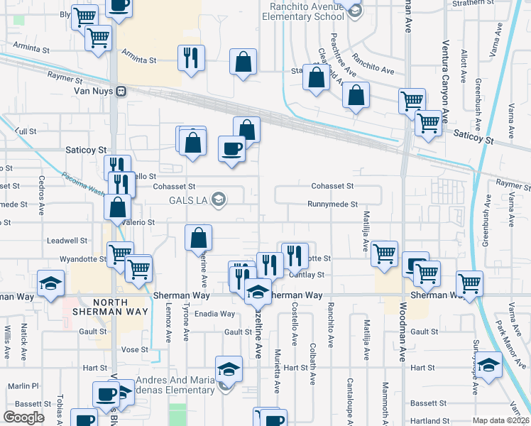 map of restaurants, bars, coffee shops, grocery stores, and more near 7432 Hazeltine Avenue in Los Angeles
