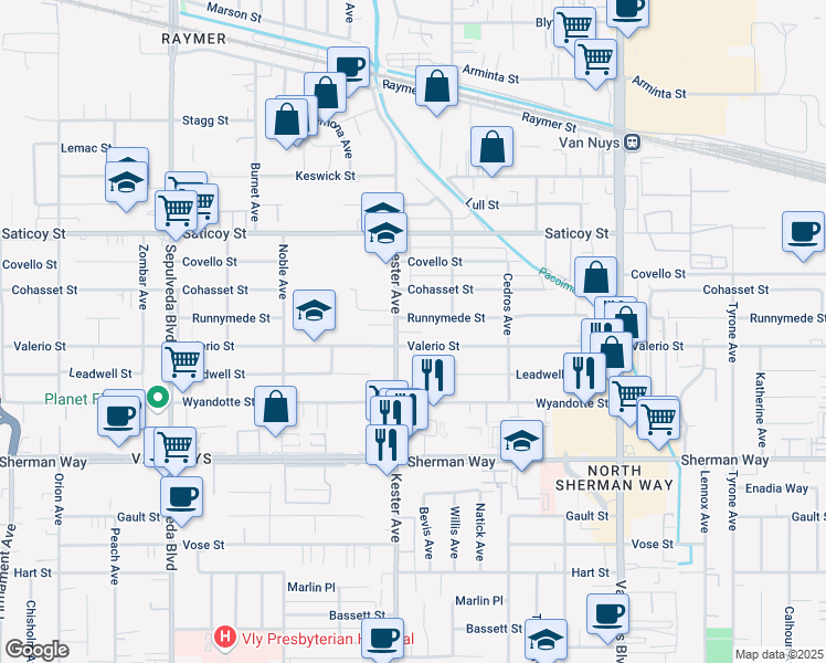 map of restaurants, bars, coffee shops, grocery stores, and more near 14833 Runnymede Street in Los Angeles