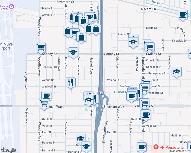 map of restaurants, bars, coffee shops, grocery stores, and more near 7438 Haskell Avenue in Los Angeles