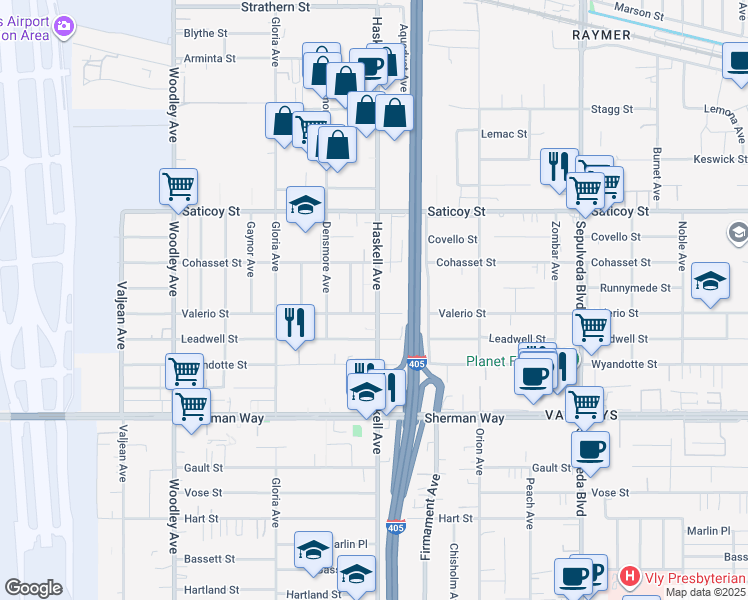 map of restaurants, bars, coffee shops, grocery stores, and more near 7438 Haskell Avenue in Los Angeles