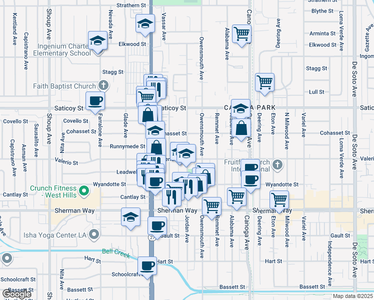 map of restaurants, bars, coffee shops, grocery stores, and more near 21820 Cohasset Street in Los Angeles