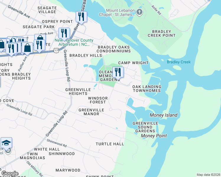 map of restaurants, bars, coffee shops, grocery stores, and more near 6318 Greenville Sound Road in Wilmington