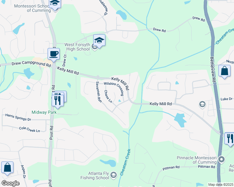 map of restaurants, bars, coffee shops, grocery stores, and more near 5060 Lloyd Lane in Cumming