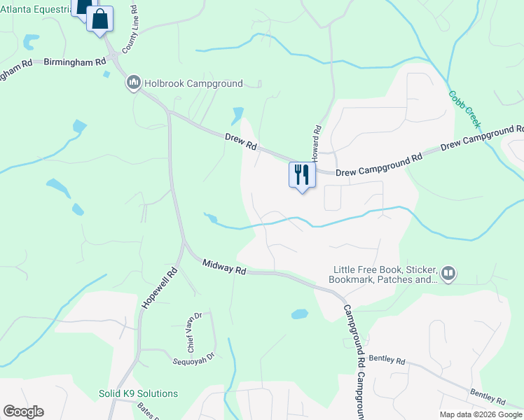 map of restaurants, bars, coffee shops, grocery stores, and more near 270 Birch Bend Drive in Alpharetta
