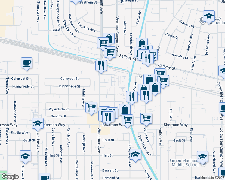 map of restaurants, bars, coffee shops, grocery stores, and more near 13623 Valerio Street in Los Angeles