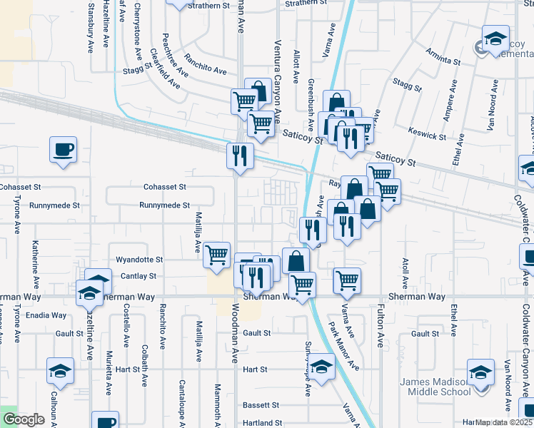 map of restaurants, bars, coffee shops, grocery stores, and more near 13561 Valerio Street in Los Angeles