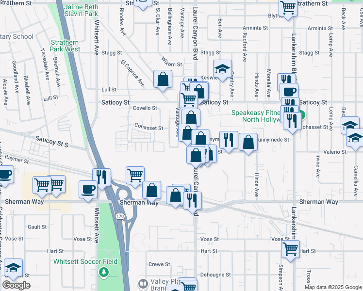 map of restaurants, bars, coffee shops, grocery stores, and more near 7418 Vantage Avenue in Los Angeles