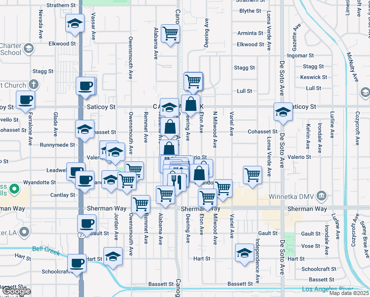 map of restaurants, bars, coffee shops, grocery stores, and more near 7443 Canoga Avenue in Los Angeles