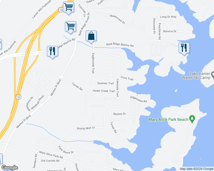 map of restaurants, bars, coffee shops, grocery stores, and more near 1900 Sawnee Trail in Cumming