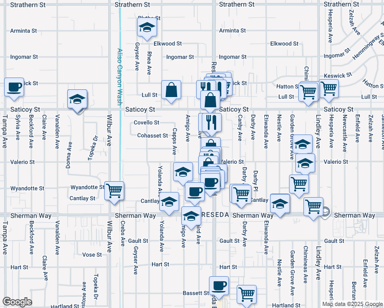 map of restaurants, bars, coffee shops, grocery stores, and more near 7418 Amigo Avenue in Los Angeles