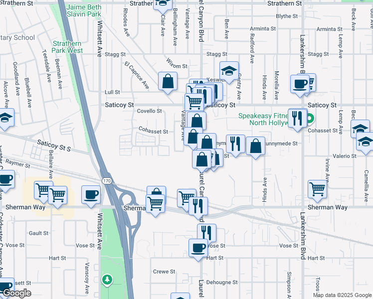 map of restaurants, bars, coffee shops, grocery stores, and more near 7418 Vantage Avenue in Los Angeles