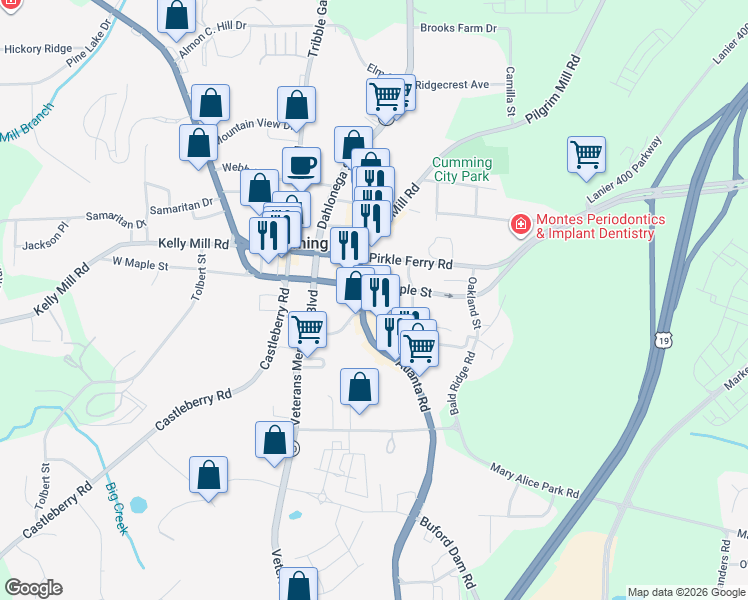 map of restaurants, bars, coffee shops, grocery stores, and more near 311 East Maple Street in Cumming