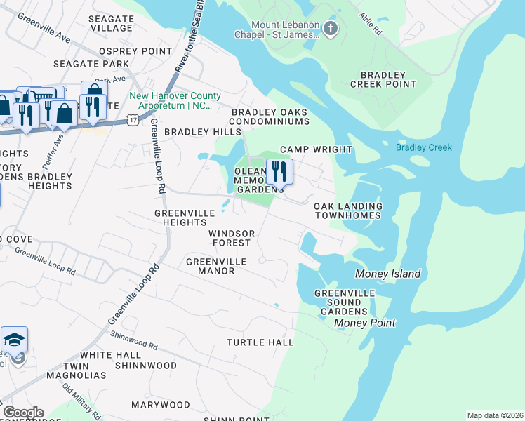 map of restaurants, bars, coffee shops, grocery stores, and more near 6318 Greenville Sound Road in Wilmington