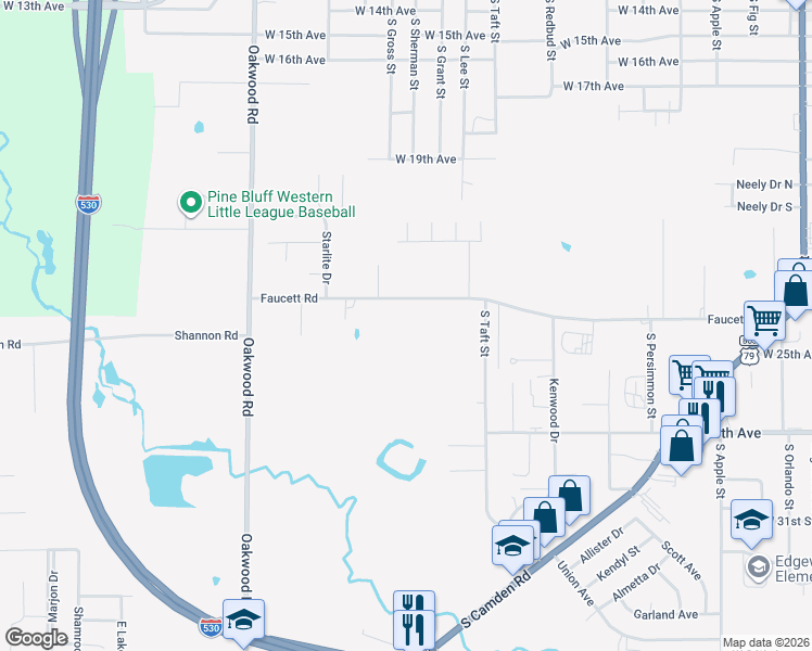 map of restaurants, bars, coffee shops, grocery stores, and more near 5114 Faucett Road in Pine Bluff