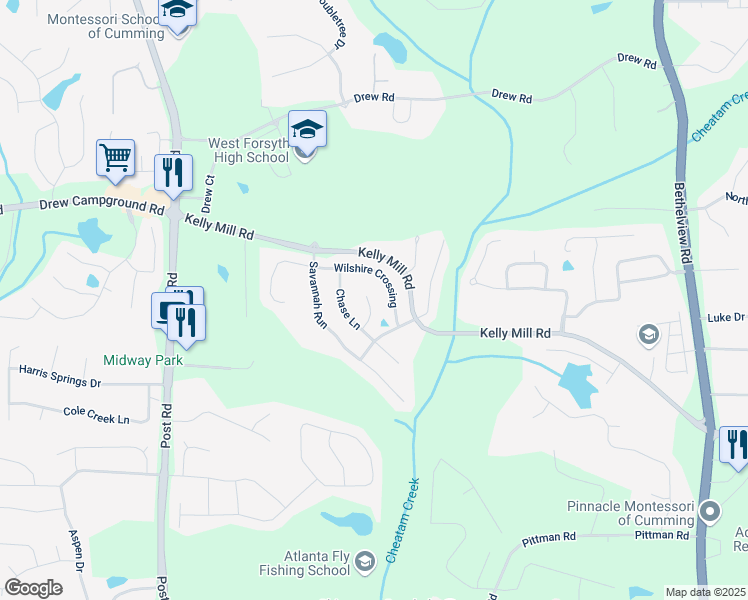 map of restaurants, bars, coffee shops, grocery stores, and more near 5060 Lloyd Lane in Cumming
