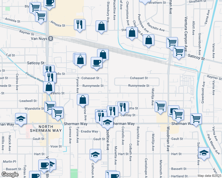 map of restaurants, bars, coffee shops, grocery stores, and more near 7432 Hazeltine Avenue in Los Angeles
