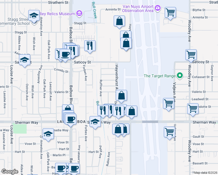 map of restaurants, bars, coffee shops, grocery stores, and more near 16624 Kelsloan Street in Los Angeles