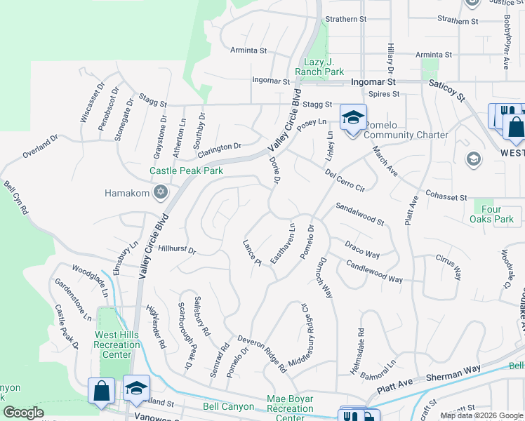 map of restaurants, bars, coffee shops, grocery stores, and more near 24162 Lance Place in Los Angeles