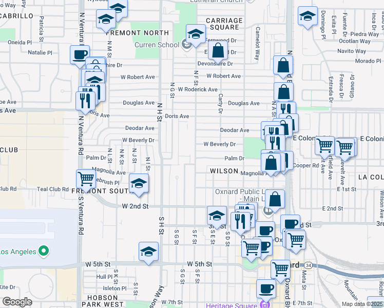 map of restaurants, bars, coffee shops, grocery stores, and more near 313 North F Street in Oxnard