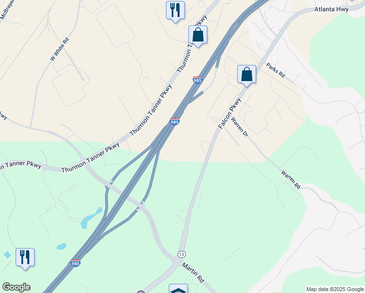 map of restaurants, bars, coffee shops, grocery stores, and more near 4020 Falcon Parkway in Flowery Branch