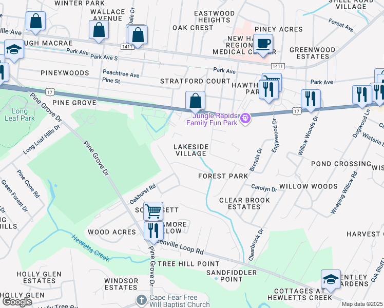 map of restaurants, bars, coffee shops, grocery stores, and more near 5243 Sundance Way in Wilmington