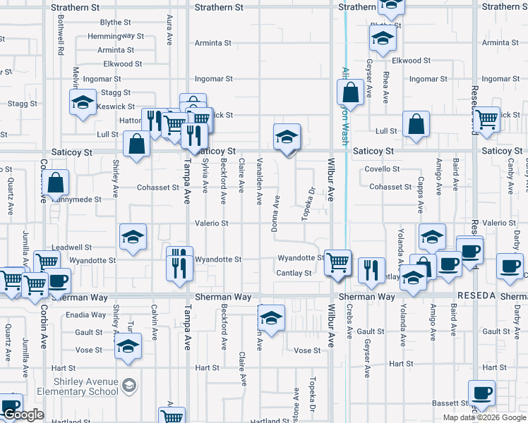 map of restaurants, bars, coffee shops, grocery stores, and more near 7420 Vanalden Avenue in Los Angeles